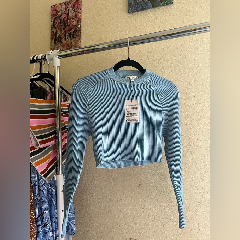 Missguided Re_styld Blue Rib Knit Long Sleeved Crop Top Women’s Size 6 NWT
